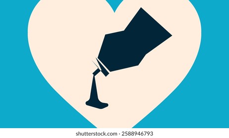 A stylized illustration of a tilted ink bottle spilling onto a heart shape, symbolizing love, creativity, and passion for writing. Modern, minimalist vector art with bold colors and sharp contrasts.