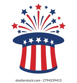 A stylized illustration of a top hat adorned with the American flag design, complete with red and blue fireworks and stars bursting from the top.