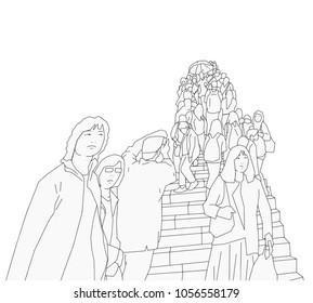 Stylized illustration of tourists climbing old stairs and souvenir shopping sightseeing in black and white