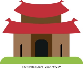 Stylized illustration of traditional East Asian pagoda with two red curved roofs and upturned eaves on a green base