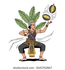 A stylized illustration of a traditional Indonesian dancer in costume, juggling durian fruit. The dancer is adorned with banana leaves.