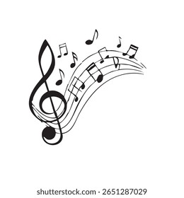 A stylized illustration of a treble clef on a musical staff, with a flowing wave of black musical notes ascending, representing the beauty and dynamism of music.