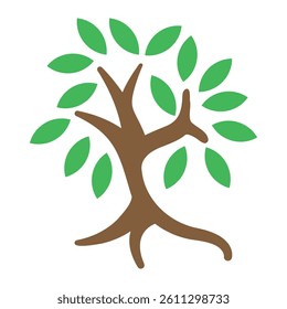Stylized illustration of a tree with brown trunk and branches, green leaves evenly distributed, symbolizing growth, nature, and environmental themes in a clean, simple design