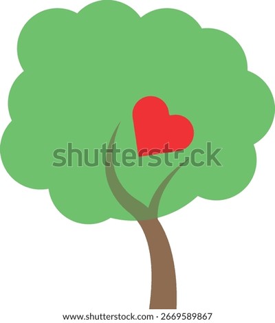 Stylized illustration of a tree with a green canopy and red heart shape integrated into the branches, symbolizing love for nature, care, or environmental awareness.