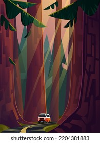 A stylized illustration of a trip to the sequoia park will be a great decoration for your guidebooks, banners, postcards, packaging