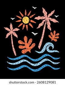 Stylized illustration of tropical and coastal elements on a sunny day.