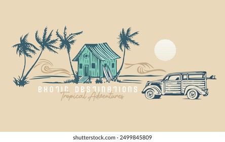 Stylized illustration of a tropical landscape with elements related to surfing. Editable art for prints on t-shirts, posters, etc.