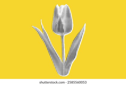 A stylized illustration of a tulip flower in white, set against a bright yellow background. The tulip features a dotted pattern, enhancing its visual appeal.