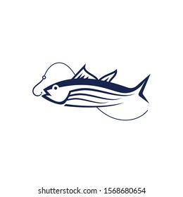 Stylized illustration of a tuna fish caught on a fishing hook