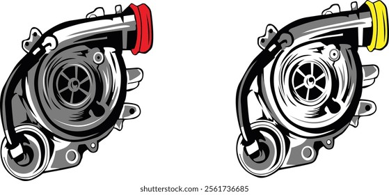 Stylized illustration of twin turbochargers, emphasizing high-performance engineering and innovative design, ideal for car enthusiasts and technical art fans