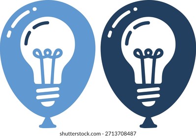 A stylized illustration of two balloons, one light blue and one dark blue, each featuring a light bulb design, set against a pure white background.