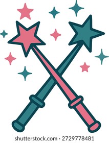 Ilustración estilizada de dos varitas mágicas cruzadas rematadas con estrellas, una rosa y una verde azulado, rodeadas de destellos a juego. Este diseño de Vector vibrante y simétrico evoca la fantasía, el encanto y la magia lúdica, ideal para el contenido infantil, la marca de cuentos de hadas, los gráficos de fiestas y el Uso editorial. Totalmente escalable y editable para plataformas de stock.