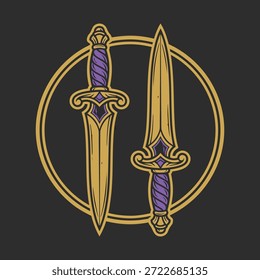 A stylized illustration of two decorative daggers, one slightly longer than the other, enclosed within a circular border.