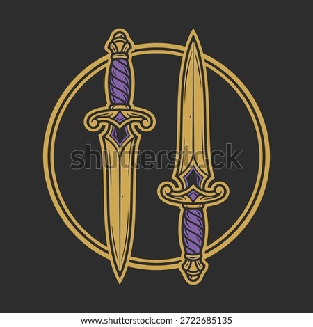 A stylized illustration of two decorative daggers, one slightly longer than the other, enclosed within a circular border.