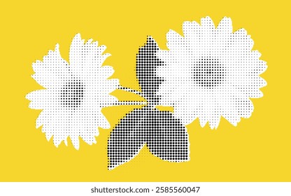 A stylized illustration of two flowers with leaves, set against a bright yellow background. The flowers are depicted in white with a dotted pattern, creating a modern and artistic look.