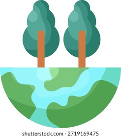 Una ilustración estilizada de dos árboles verdes con troncos marrones en medio globo, con masas de tierra verdes y agua azul, que representan el ecologismo global y el equilibrio ecológico.