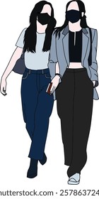 Stylized illustration of two individuals walking,dressed in contemporary outfits and face masks,a casual and trendy vibe.Ideal for themes like urban lifestyle,social connection,modern fashion.