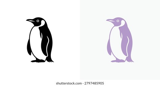 A stylized illustration of two penguins standing next to each other with one in black and white and the other in purple.