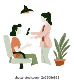 Stylized Illustration of Two People Interacting, with Plant and 