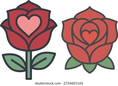 Ilustración estilizada de dos rosas rojas, cada una con un corazón en su centro.