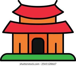 Stylized illustration of a two-tier Asian pagoda with red roofs, an orange structure beneath, and a green base.