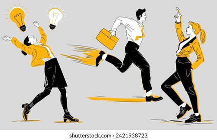 Stylized illustration in uniform style of three different characters - women with ideas and running man with briefcase. Business modern people. Vector illustration.