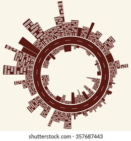 a stylized illustration of an urban planet, with an inside and an outside separated by a never ending circular road, by a clear and chocolate day.