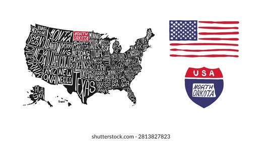 A stylized illustration of the USA map with all states labeled, alongside an American flag and a North Dakota highway sign