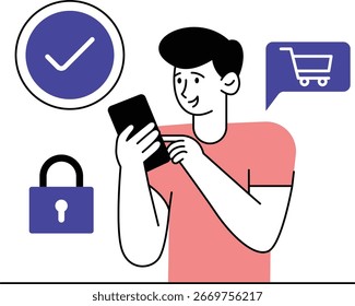 Ilustración estilizada de un usuario en el móvil con iconos de seguridad, tiempo y Carrito para la promoción de comercio electrónico.