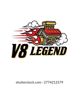 A stylized illustration of a V8 engine with flames and smoke, representing speed and power, with the text 