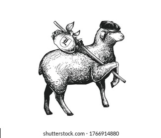 Stylized Illustration of the vagabond sheep wearing a cap on his headher head. Wandering Sheep with a bundle on a stick. Engraved vintage style illustration of the sheep . Can be used for Poster, Pack