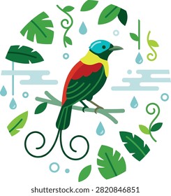 Stylized illustration of a vibrant bird with blue, yellow, and red plumage sitting on a branch surrounded by green tropical leaves and falling raindrops.
