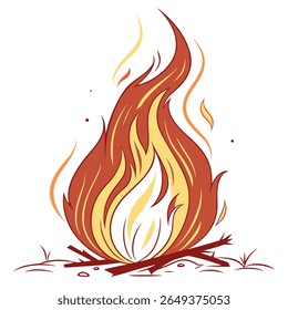 A stylized illustration of a vibrant campfire with red and yellow flames rising from burning wood on a white background.