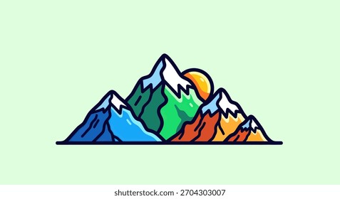 Stylized illustration of a vibrant mountain range with snow-capped peaks and a sun peeking through.