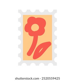 Stylized illustration of a vibrant red flower on a light orange background resembling a stamp