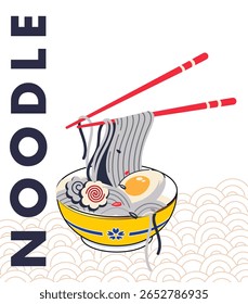 Ilustração estilizada de tigela de ramen amarelo vibrante com borda floral marinha, macarrão de prata mantido por pauzinhos vermelhos, ovo cozido suave