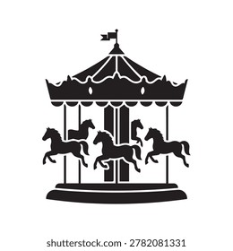 A stylized illustration of a vintage carousel featuring four galloping horse figures on a rotating platform. The carousel has a decorative tent-style roof with ornate detailing and a small flag at the.