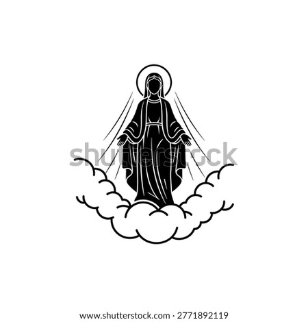 Stylized illustration of the Virgin Mary ascending on clouds, a symbol of faith and devotion.