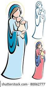 Stylized illustration of Virgin Mary holding baby Jesus. 