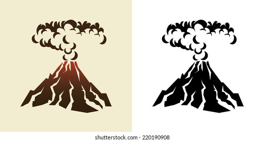 stylized illustration of a volcanic eruption with black clouds of smoke