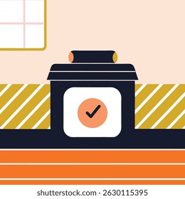 A stylized illustration of a voting booth with a checkmark inside and a window in the background view