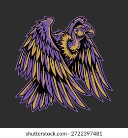 Una ilustración estilizada de un buitre con alas extendidas, con vibrantes colores púrpura y amarillo.