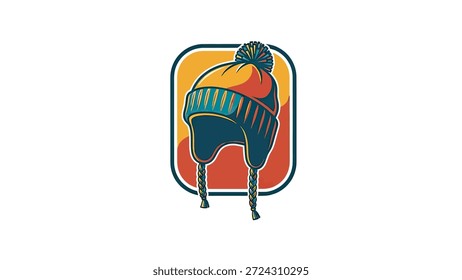 Ilustración estilizada de un cálido sombrero de invierno con orejeras, pompones y lazos trenzados. Perfecto para Clima frío, moda y temas de temporada.