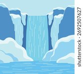 A stylized illustration of a waterfall cascading between snow-covered cliffs into a serene, icy blue pool. Winter scenery with cool tones.
