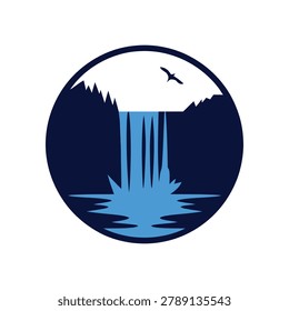 Stylized illustration of a waterfall cascading down mountains into a lake with a bird flying above