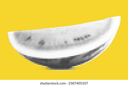 A stylized illustration of a watermelon slice in a halftone dot pattern, set against a bright yellow background. The watermelon features black seeds and a white rind.