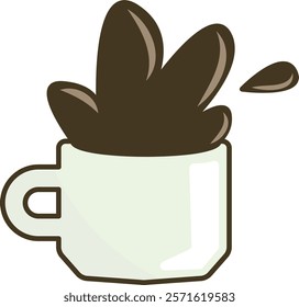 Stylized illustration of a white coffee cup with a handle, overflowing with dark brown coffee, capturing dynamic motion of liquid spilling out.