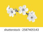 A stylized illustration of white flowers with a dotted pattern on a bright yellow background. The flowers are arranged in a flowing design, creating a cheerful and vibrant look.