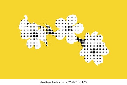 A stylized illustration of white flowers with a dotted pattern on a bright yellow background. The flowers are arranged in a flowing design, creating a cheerful and vibrant look.