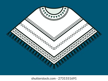 Una ilustración estilizada de un poncho blanco con patrones geométricos, costuras en zigzag y detalle de flecos se muestra contra un fondo azul oscuro liso